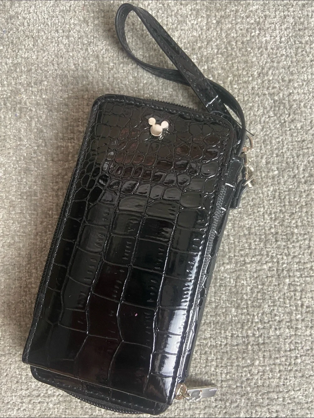 Patent Croc-Embossed Wristlet Phone Case with Wrist Strap - Black